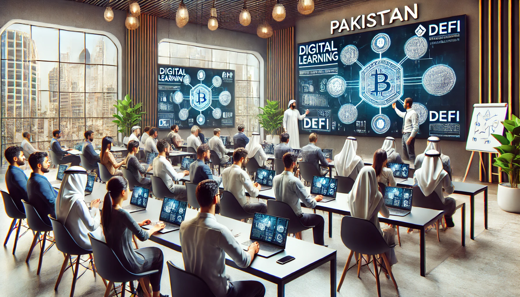 a digital learning workshop in Pakistan where young people are being taught about DeFi and blockchain technology.