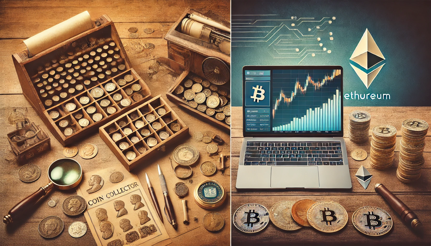 A split-view image: on the left, a traditional coin collector’s desk with antique coins, coin catalogues, and tools like magnifying glasses; on the right, a modern digital desk setup with a computer displaying a crypto wallet interface and charts.