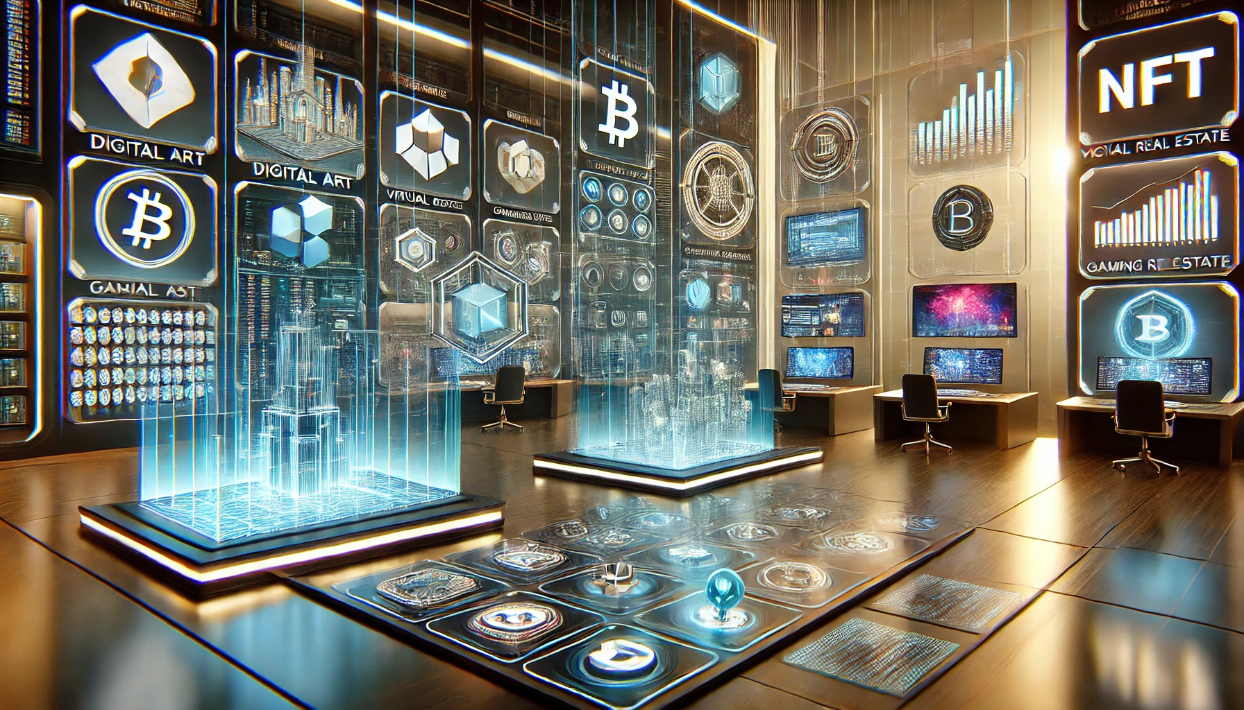 a high-tech NFT marketplace with a futuristic, modern aesthetic.