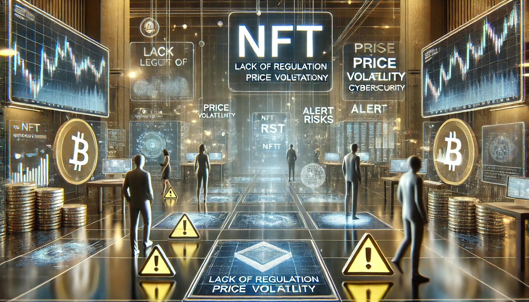 a high-tech digital marketplace where users explore NFT investments, highlighting key risks such as lack of regulation, price volatility, and cybersecurity.
