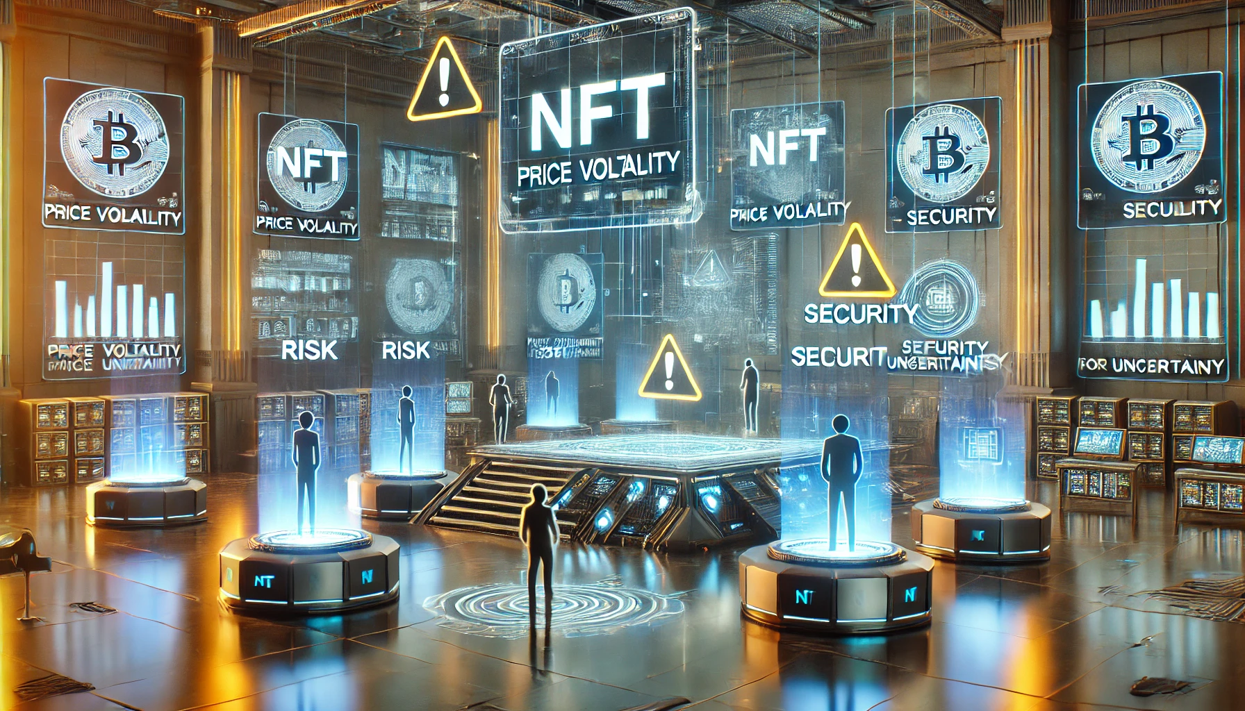 a digital NFT investment environment highlighting key risks like price volatility, security, and regulatory uncertainty.