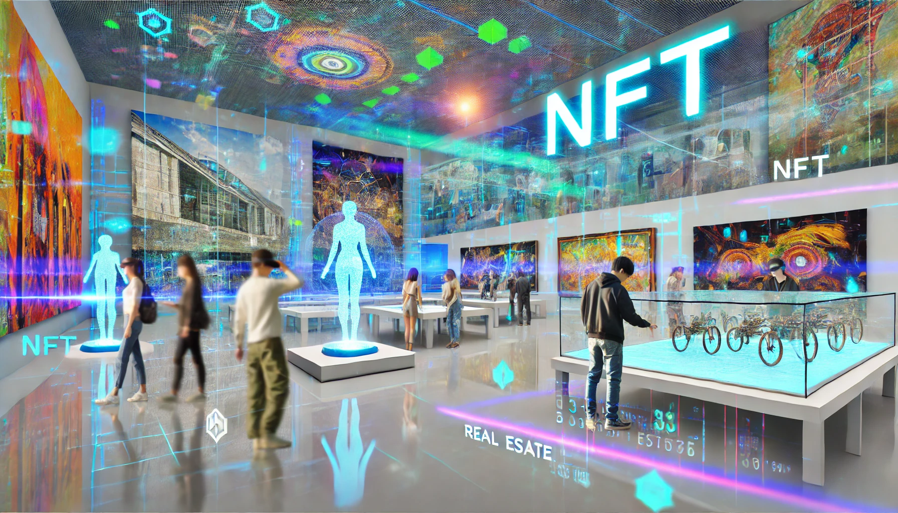 a futuristic digital marketplace filled with holographic NFT artworks, virtual real estate displays, and hybrid collectibles.