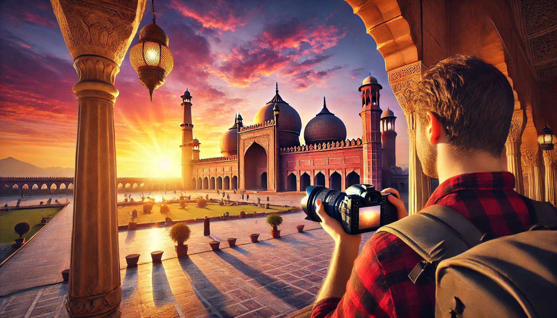 A traveler in Pakistan is capturing a stunning sunset over the Badshahi Mosque, using a DSLR camera, focusing on the perfect shot to create an NFT.