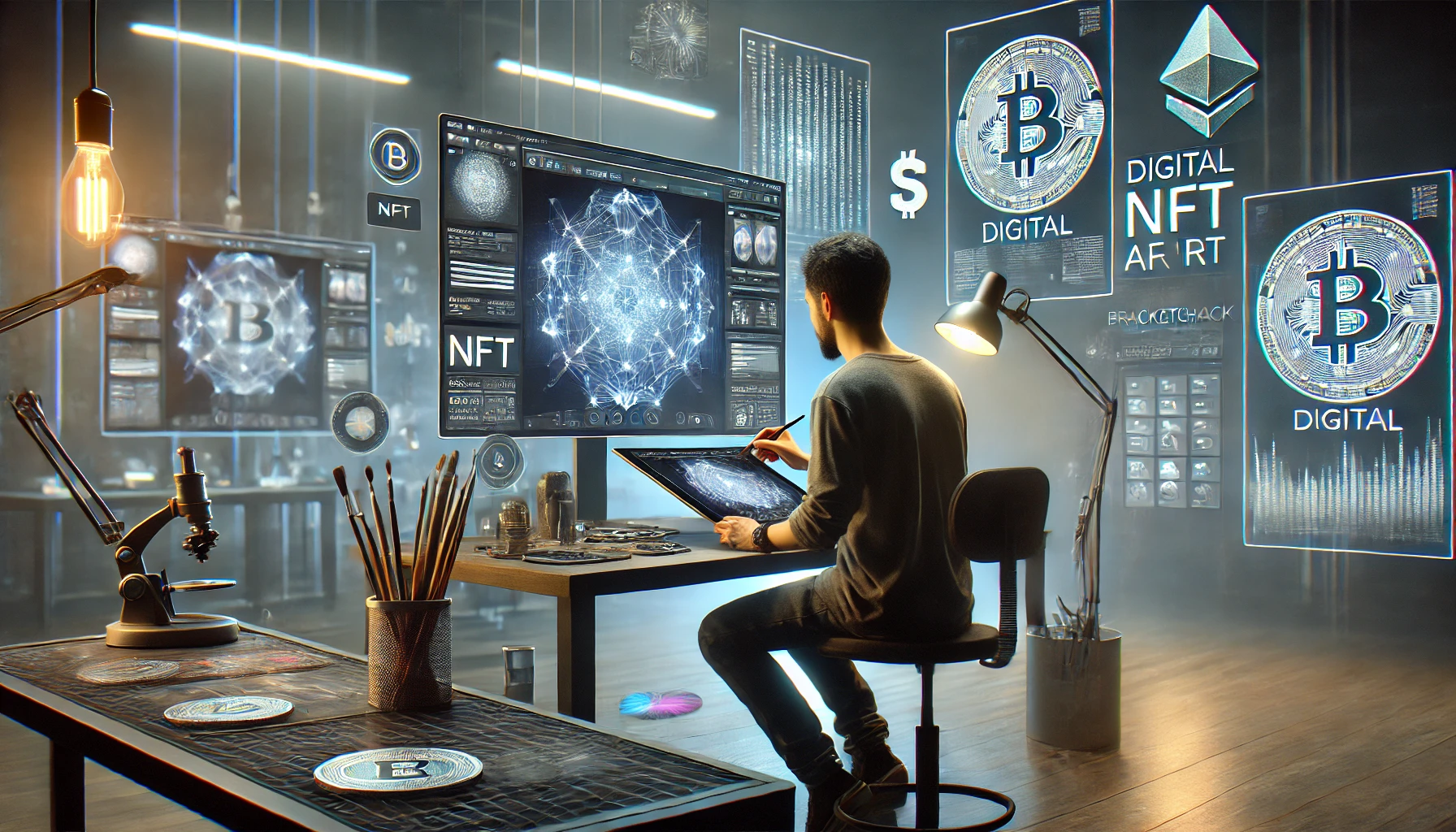 an artist creating digital NFT art in a high-tech studio.