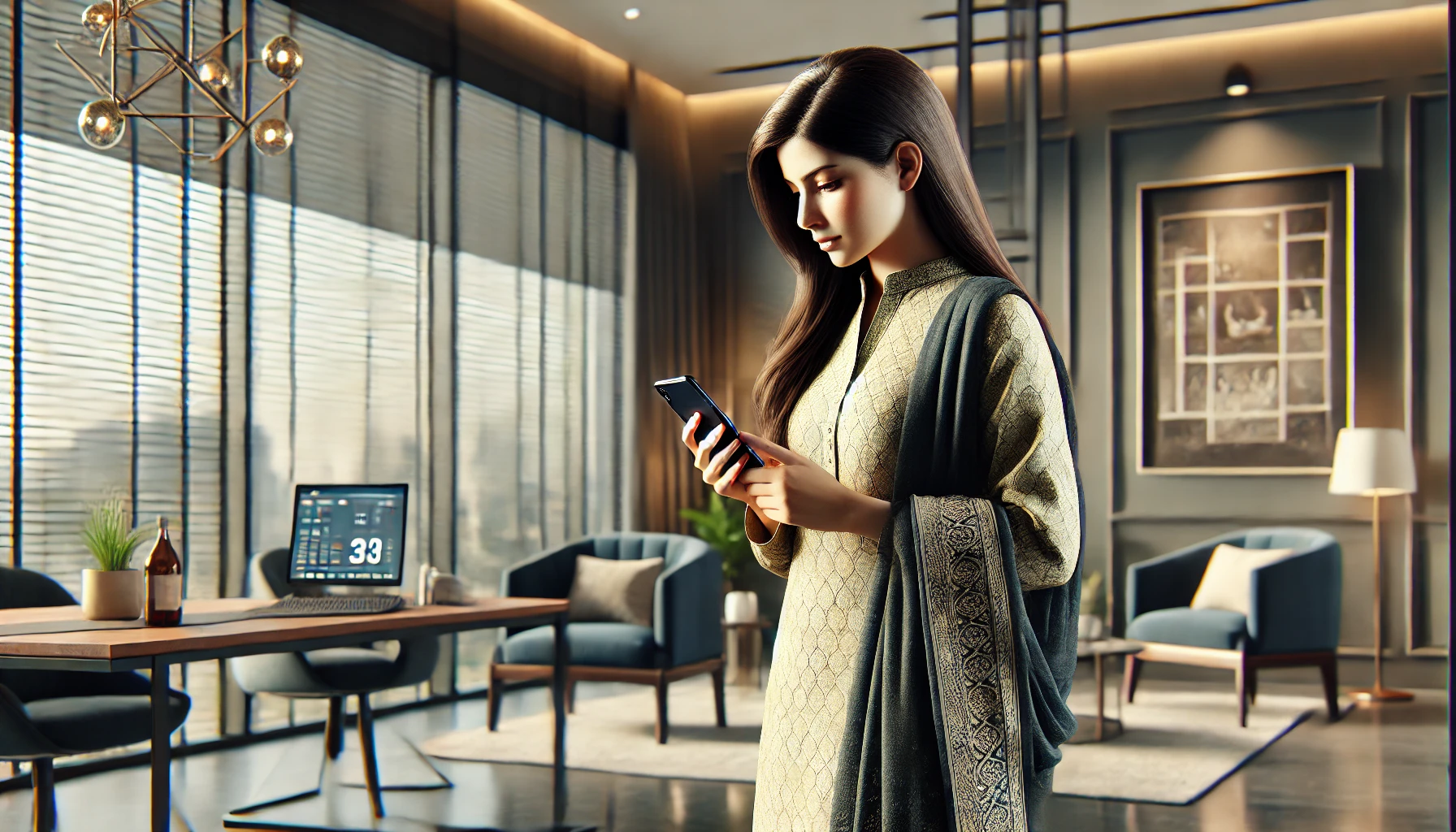 A Pakistani woman in traditional attire stands in a stylish, modern room, focused on her smartphone.