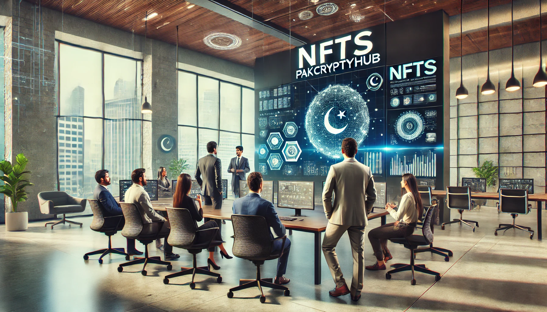 A modern, high-tech office environment where a group of Pakistani IT professionals are engaged in a discussion about NFTs using the PakCryptoHub platform.