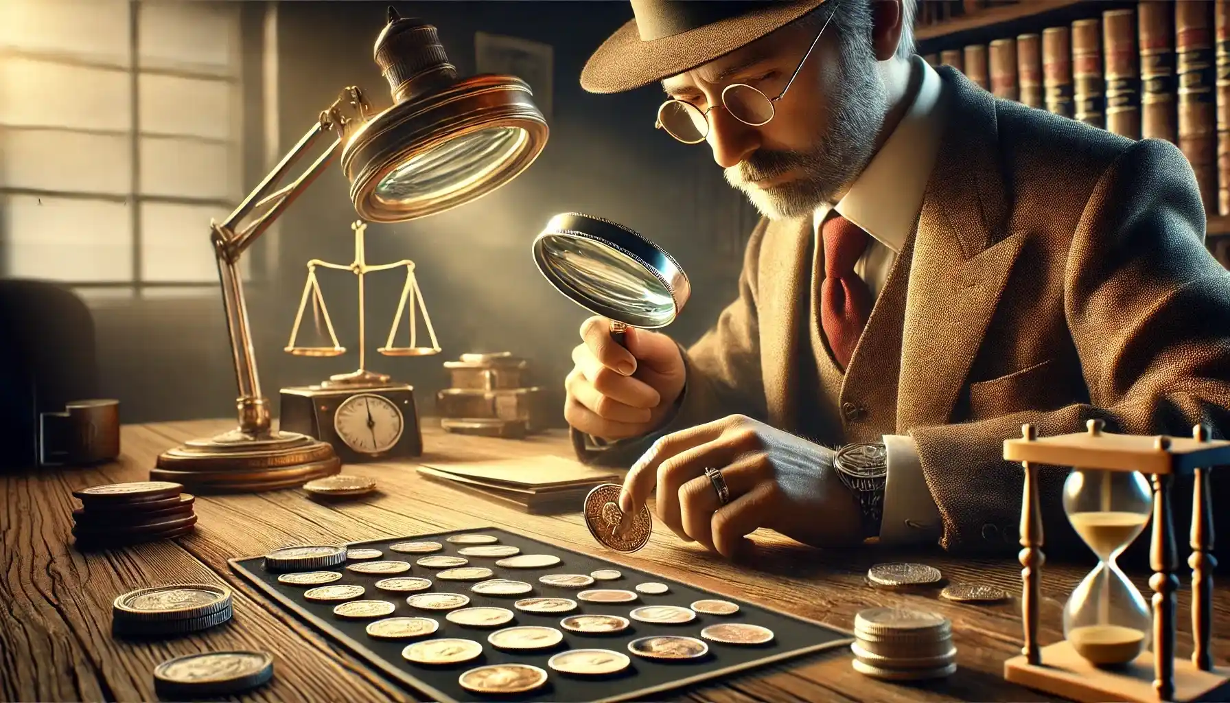 An investor is carefully examining a rare collectible coin with a magnifying glass.