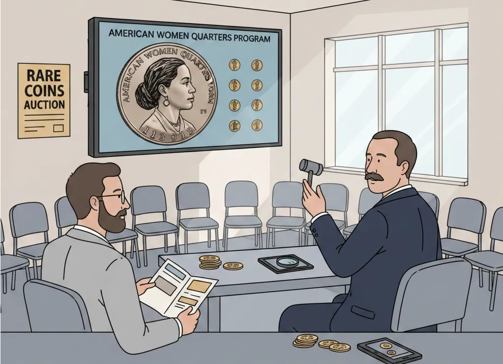 two men discuss the American Women Quarters Program coins 